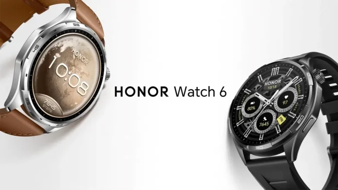 Honor Watch 6 smartwatch featuring AMOLED display, long battery life, health tracking, GPS, and fitness features