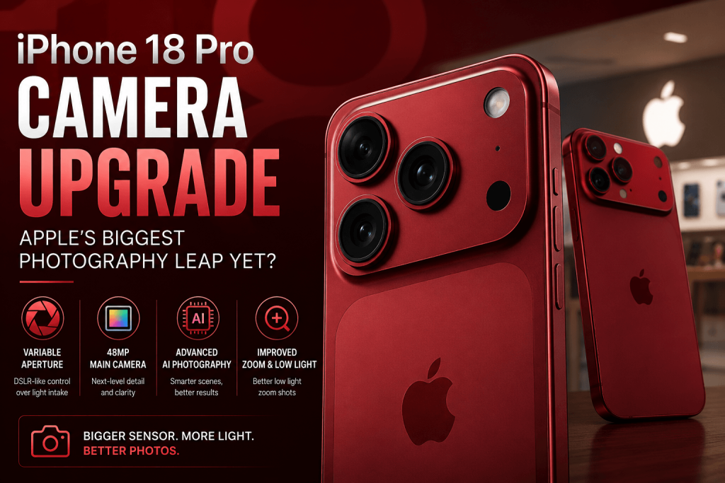 Concept image of the iPhone 18 Pro showcasing the rumored camera upgrade, larger sensors, AI photography features, and variable aperture technology.