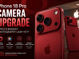 iPhone 18 Pro Camera Upgrade Could Be Apple’s Biggest Photography Leap Yet Concept image of the iPhone 18 Pro showcasing the rumored camera upgrade, larger sensors, AI photography features, and variable aperture technology.