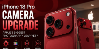 iPhone 18 Pro Camera Upgrade Could Be Apple’s Biggest Photography Leap Yet Concept image of the iPhone 18 Pro showcasing the rumored camera upgrade, larger sensors, AI photography features, and variable aperture technology.