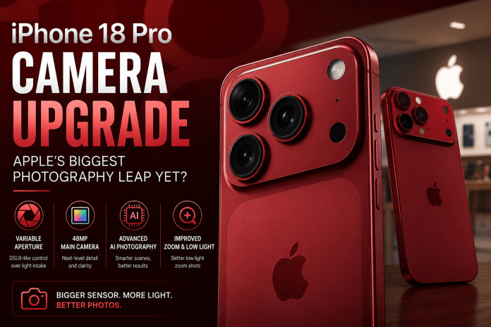 Concept image of the iPhone 18 Pro showcasing the rumored camera upgrade, larger sensors, AI photography features, and variable aperture technology.