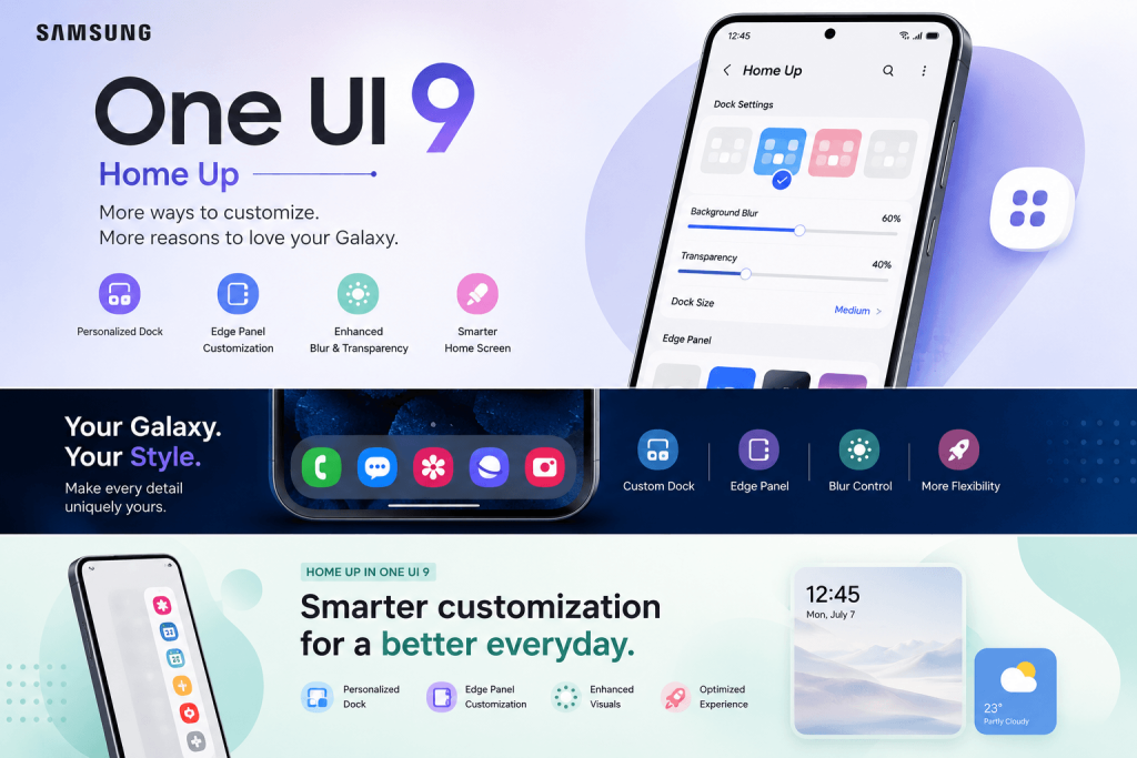 Samsung Home Up One UI 9 features showing customizable dock, Edge Panel, and home screen personalization